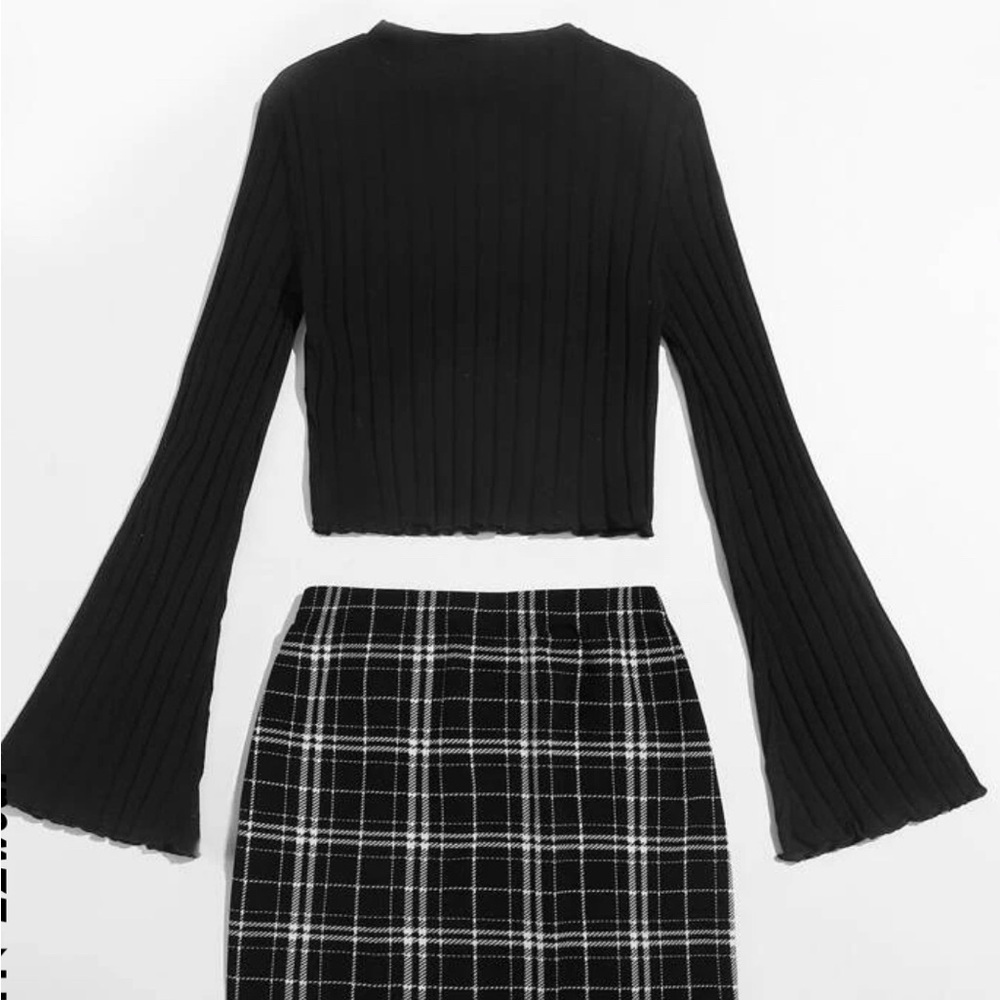 NWOT Black Ribbed Top and Plaid Skirt Set Size M